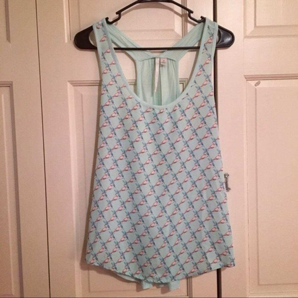 LC Lauren Conrad XS Racer Back Lt. Green Bird Tank